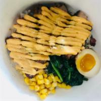 Smoked Pork Belly Rice · Steam rice top with seaweed sesame serves with ajitama, seasoned spinach, and smoked pork be...