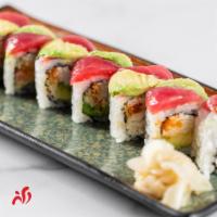 Red Power Roll · Spicy California roll and tempura crunch topped with tuna and avocado.