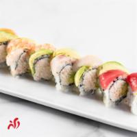 Rainbow Roll · Cream cheese and crabmeat topped with fresh tuna, salmon, yellowtail, shrimp and avocado.