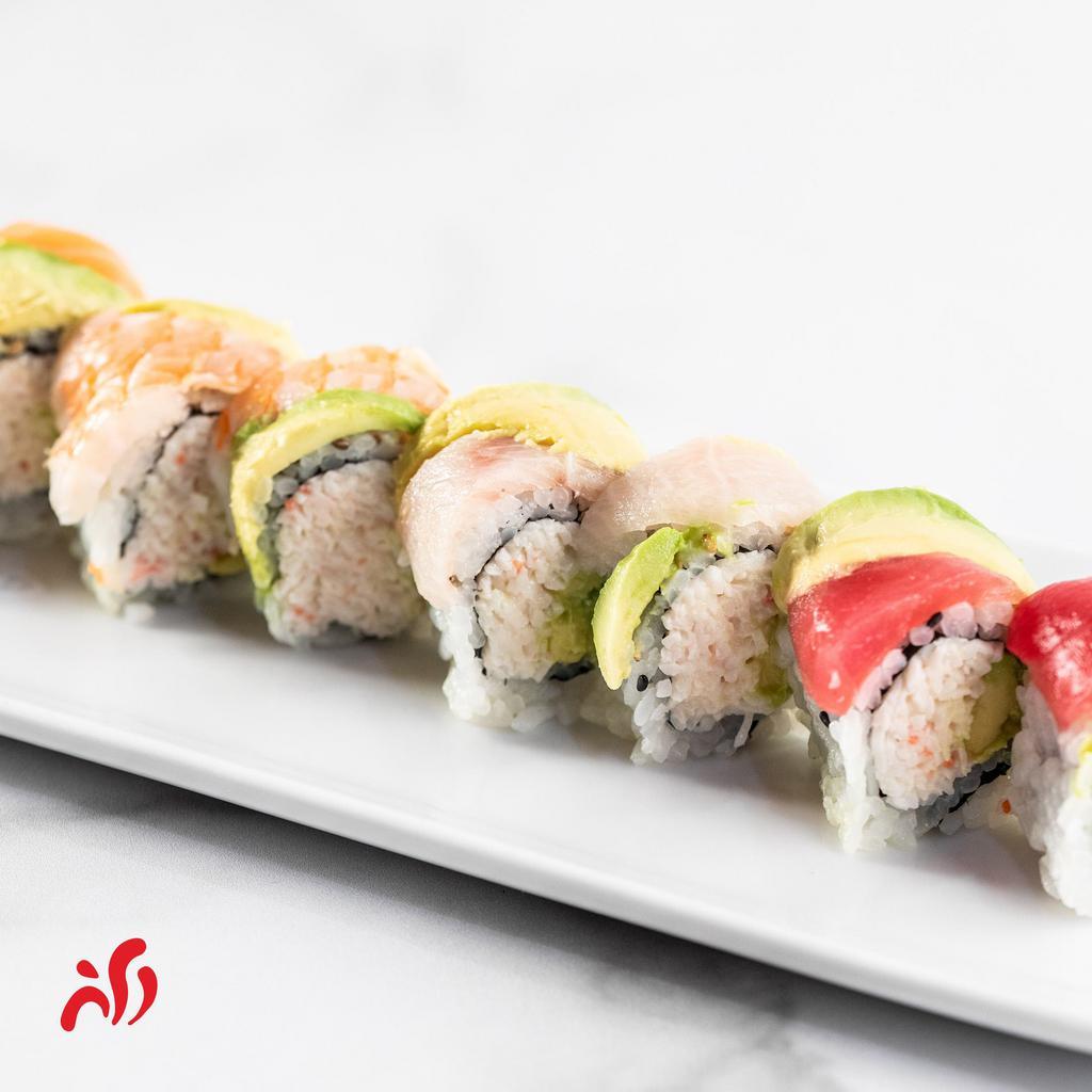 Rainbow Roll · Cream cheese and crabmeat topped with fresh tuna, salmon, yellowtail, shrimp and avocado.