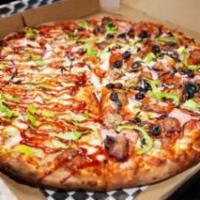 Supreme Pizza · Ham, pepperoni, sausage, mushroom, onion, bell pepper, black olive, garlic