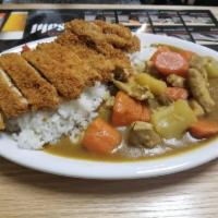 Chicken Katsu Curry · Japanese style curry stew over rice, with crispy panko breaded chicken on top.