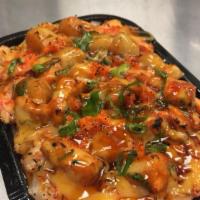 Poke Bake · Your choice of salmon, chicken or scallop mix with shrimp, crab salad. Masago and green onio...