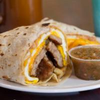 Breakfast Burritos · 3 eggs, carne asada, ham, bacon or sausage with cheese, refried beans, salsa, and potatoes.