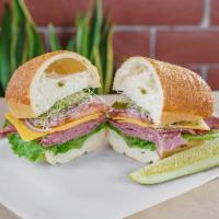 Pastrami Sandwich  · Lettuce, tomato, red onion, sprout, jalapeno, cheddar or provolone, mayo and mustard