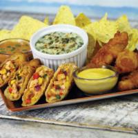 Appetizer Trio · Change your latitude with a sampling of our hand-battered chicken tenders, Caribbean chicken...