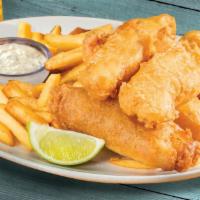 Landshark Lager Fish and Chips · Hand-dipped in Land Shark batter, fried and served with jalapeno tartar sauce and French fri...