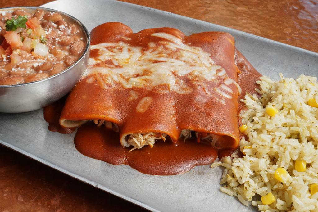 Enchiladas Clasica · Three corn tortillas rolled in sauce, melted cheese, your choice of meat, served with rice and beans.
