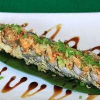 Godzilla Roll · Tempura deep fried salmon, cream cheese, white fish, crabmeat, avocado, masago and scallion ...