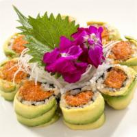 Rock and Roll · Crunchy spicy tuna cucumber roll topped with avocado and scallion tobiko.