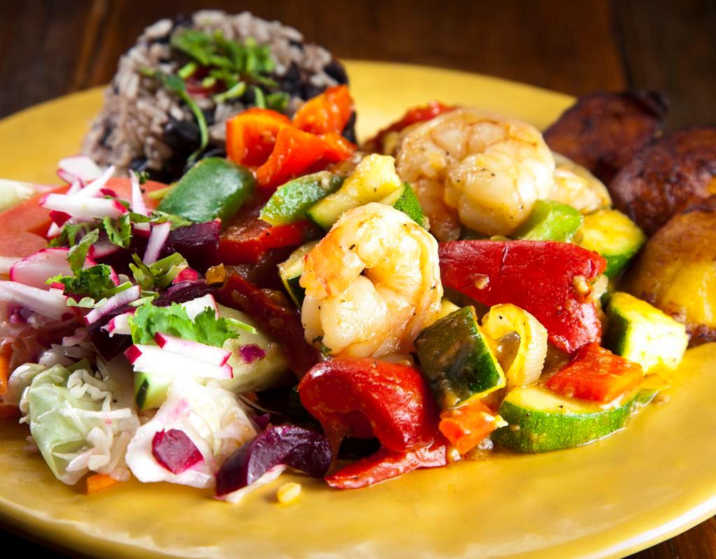 Shrimp and Veggies Fiesta Tray · Succulent shrimp are sauteed with a blend of veggies and tropical spices. Serves up to 5 entrees. Served with our special Irazu salsa and corn tortillas.