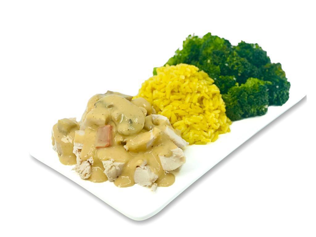 CREAMY MUSHROOM  · Diced Signature Rotisserie Chicken in a Cream of Mushroom Sauce with Rice Pilaf and Garlic Broccoli 