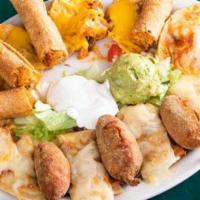 Sampler Platter · Nachos, chicken flautas, stuffed jalapenos, chicken quesadillas, chile con queso, and guacam...