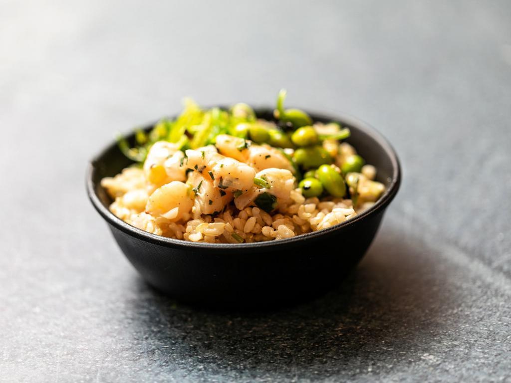 Shrimp Poke Bowl · Charred corn, cucumber, cilantro, sweet onion, cumin-lime vinaigrette. Served with choice of 2 sides.