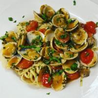 Linguini Alle Vongole  · Little neck clams in the shell sautéed in garlic tomatoes fresh herbs in a sweet wine butter...