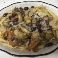 Chicken Victoria · Chicken French style with artichokes calamata olives mushrooms served over penne
