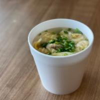 Wonton Noodle Soup · Seasend broth with filled wonton dumplings.