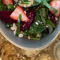 Spinach · goat cheese, strawberries, basil, blueberries, champagne vinaigrette, toasted almonds. Veget...