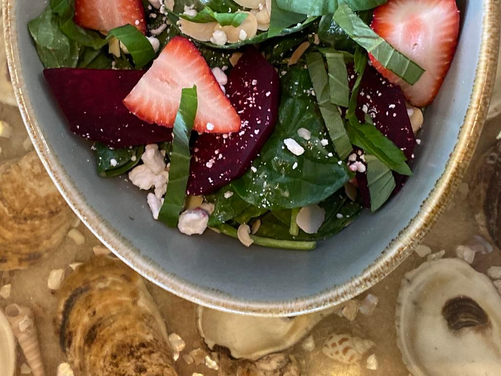 Spinach · goat cheese, strawberries, basil, blueberries, champagne vinaigrette, toasted almonds. Vegetarian