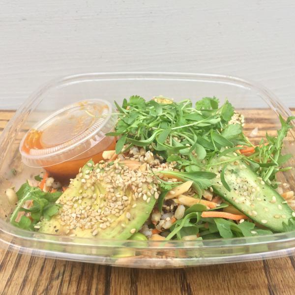 Arugula Grain Power Bowl · Quinoa, barley, avocado, edamame, toasted almonds, sesame seeds, carrots, cilantro and ginger soy dressing. Served with organic peasant bread. Vegetarian.
