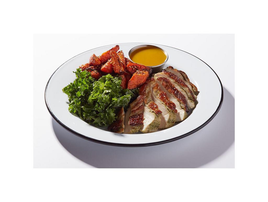 Herb Chicken Breast With Sides · Thyme, rosemary, and garlic grilled boneless white meat.