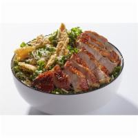 Kale Chicken Caesar · Herb breast, chopped kale, shredded Parmesan, aged Parmesan crisps, Caesar dressing.