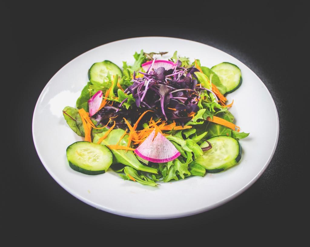 Simple Salad · Fresh greens, sprouts, choice of dressing (Vegan Caesar, honey mustard, peach vinegarette, cilantro vinegarette, Bangkok dressing).
