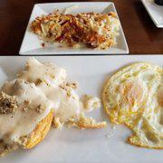 Biscuits and Sausage Gravy · Our beer biscuits topped with homemade sausage gravy and 2 eggs served with hash browns.