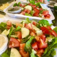 Garden Salad · Romaine lettuce, tomatoes, cucumber & your favorite dressing.