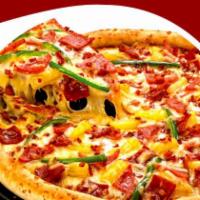 Deluxe Combo Pizza · Pepperoni, Italian sausage, ham, mushrooms, onions, green peppers, black olives, mozzarella ...