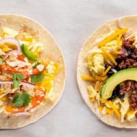 2 Bacon, Egg And Cheese Tacos · Bacon, egg and cheese. Order comes with 2 tacos.