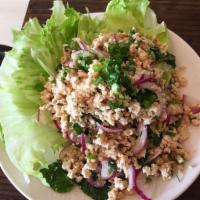 Larb Salad ( Chicken ) · Minced chicken mixed with red onion, cilantro, mint, rice powder, scallions, and chili, toss...