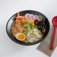 Seafood Ramen Noodle · Pork broth, soft boiled egg, shrimp, fish cake, kani, mussels, bean sprouts, and kikurage mu...