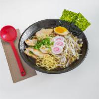 Shoyu Ramen Noodle · Choice of pork belly chashu or chicken chashu. Soy sauce flavored chicken broth, soft boiled...