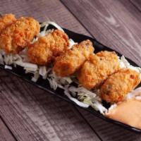 Kaki Fry · 6 pieces. Deep fried oysters with a side of spicy mayo.