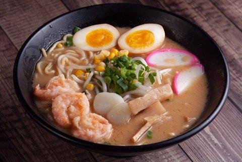 Seafood Ramen · Shrimp, scallop, fish cake, boiled egg, bamboo shoots, corn, green onion, sprouts.