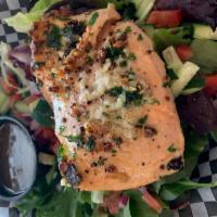 Grilled Salmon Salad · Comes with tomatoes, onions and cucumbers.