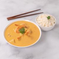 43. Massaman Curry (gf) · Massaman curry paste with coconut milk, potatoes, carrot, onions and peanut.  Spicy. Gluten ...