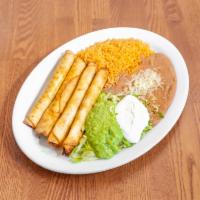 4 Flautas Plate · 4 rolled taquitos with flour tortilla, choice of meat, sour cream, guacamole, lettuce.