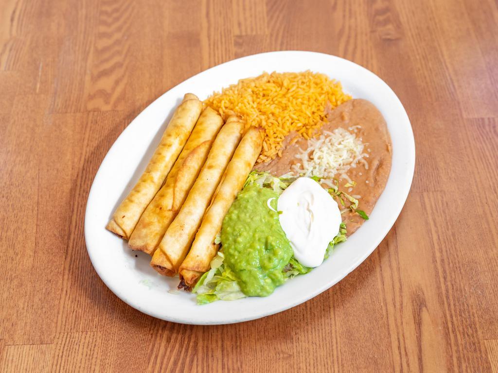 4 Flautas Plate · 4 rolled taquitos with flour tortilla, choice of meat, sour cream, guacamole, lettuce.