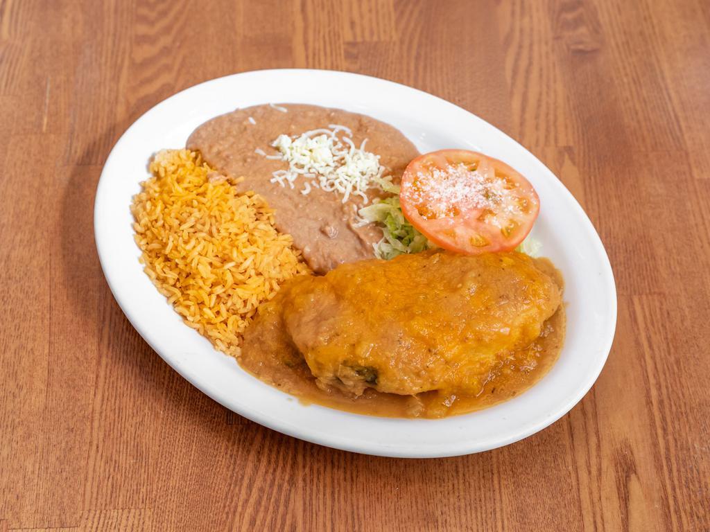 1 Chile Relleno Plate · Pasilla pepper filled with cheese and tomato sauce on top.