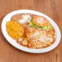 2 Enchiladas Plate · Topped with red sauce and cheese.