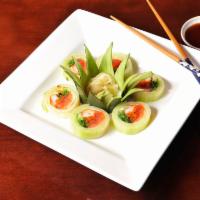 Summer Roll (No Rice) · Salmon, tuna, crabstick, avocado, seaweed salad, smelt roe wrapped with cucumber and served ...