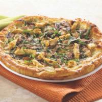 Portofino Pizza · Pesto garlic Alfredo sauce, sliced chicken, caramelized onions, mushrooms, basil, Asiago and...