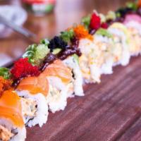 Rainbow Deluxe Roll  · Spicy crab, cucumbers, topped with tuna, salmon, yellow tail, avocado, chipotle aioli, tobik...