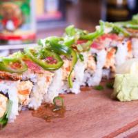 Latin Lover Roll  · Spicy crab, cucumbers, cilantro, yamagobo, topped with seared tuna, jalapenos, green onions,...