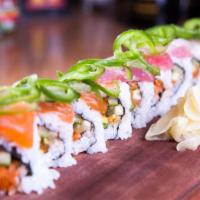 Victory Roll  · Spicy tuna, cucumber, avocado, topped with tuna, salmon, yellowtail, cilantro and lime slice...