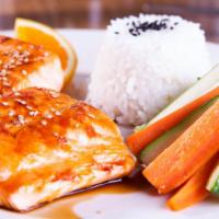Grilled Salmon Teriyaki · Served with steamed vegetables, rice and topped with teriyaki sauce.