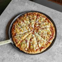 The Island Pizza · BBQ sauce, ham, bacon, pineapple, red onion, green pepper and topped with cinnamon.