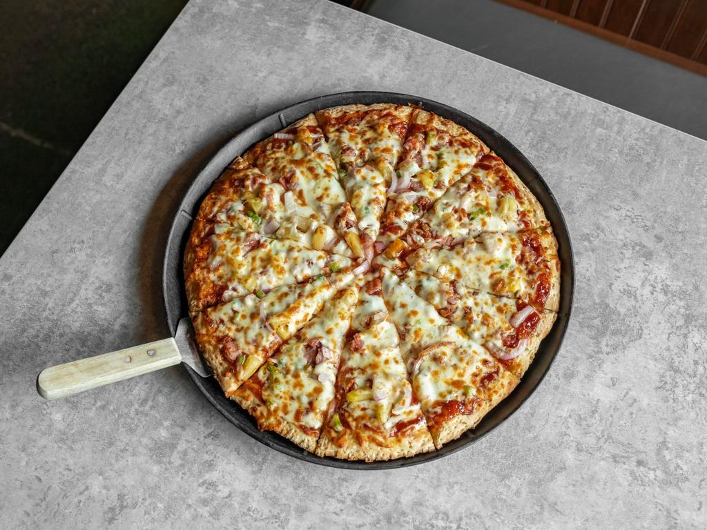 The Island Pizza · BBQ sauce, ham, bacon, pineapple, red onion, green pepper, and topped with cinnamon.